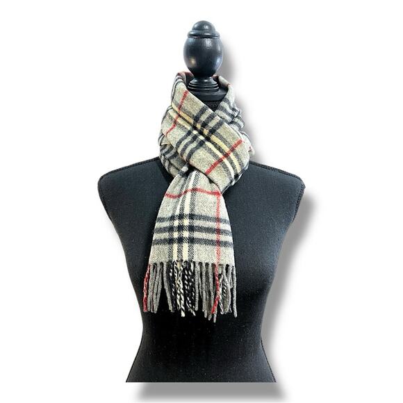 BURBERRYS OF LONDON 100% Lambswool Plaid Gray, Red, Black, Ivory Scarf 12x56” - Picture 13 of 16